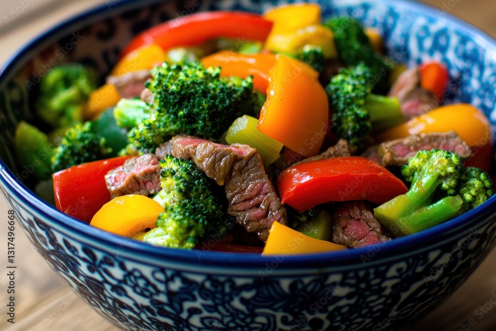 Beef stir-fry! Colorful peppers & broccoli in bowl, rustic table background Beef stir-fry! Colorful peppers & broccoli in bowl, rustic table background