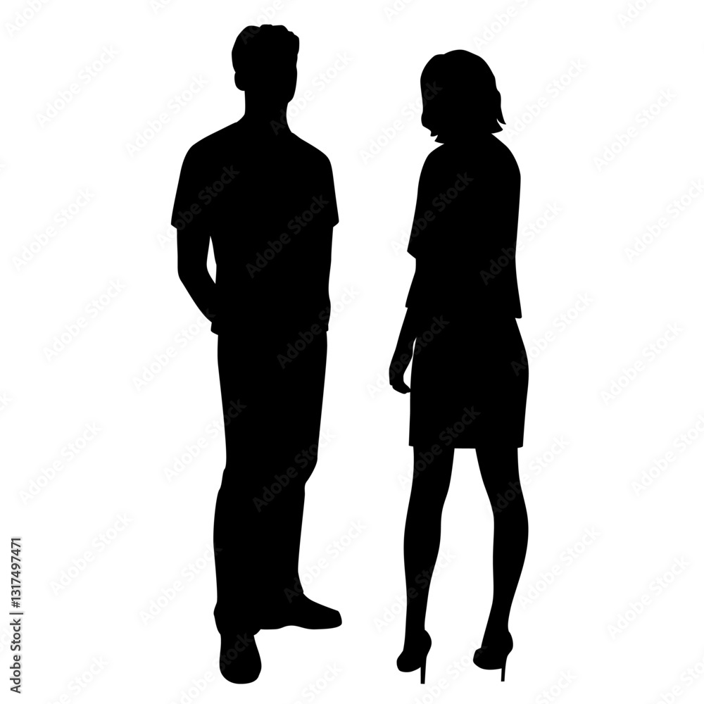 Silhouettes of man and a woman, a couple standing business people, profile, vector, black color isolated on white background Silhouettes of man and a woman, a couple standing business people, profile, vector, black color isolated on white background