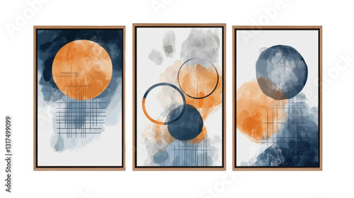 Abstract Geometric Art Prints in Blue and Orange Tones for Decor