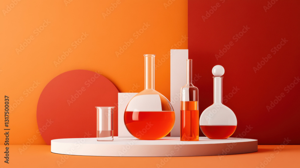Elegant table set with a stylish vase and a classy bottle perfect for laboratory experiments in minimalist style Elegant table set with a stylish vase and a classy bottle perfect for laboratory experiments in minimalist style