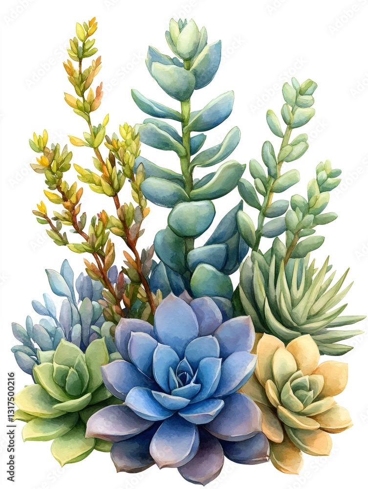 Obraz premium Watercolor painting featuring a vibrant bouquet of succulents in blues, greens, and yellows