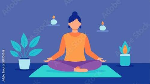 Serene Individual A person sitting crosslegged on a soft mat in a peaceful room eyes gently closed surrounded by softly glowing candles and indoor plants.