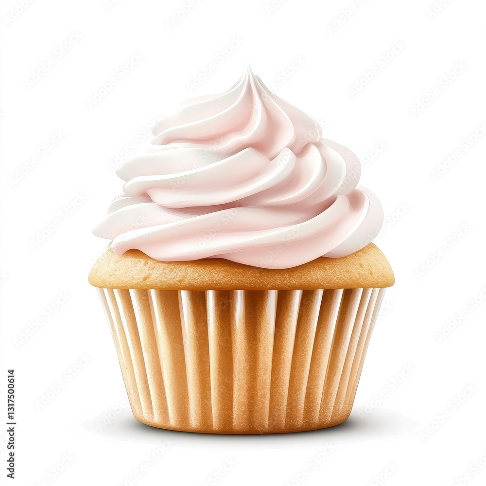 Delicious light pink frosted cupcake. A perfectly formed, light-pink whipped cream-topped cupcake with a light-golden yellow crumb Delicious light pink frosted cupcake. A perfectly formed, light-pink whipped cream-topped cupcake with a light-golden yellow crumb