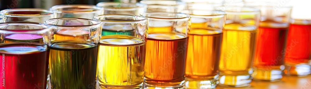 Colorful drinks lined up on table. Various shades. Close-up shot Colorful drinks lined up on table. Various shades. Close-up shot