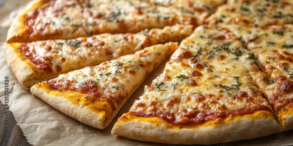 Freshly baked cheese pizza with golden crust sliced and ready to serve on parchment paper Freshly baked cheese pizza with golden crust sliced and ready to serve on parchment paper
