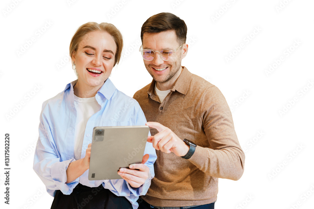 Engaged couple smiles while discovering new apps on a tablet in a casual indoor setting Engaged couple smiles while discovering new apps on a tablet in a casual indoor setting