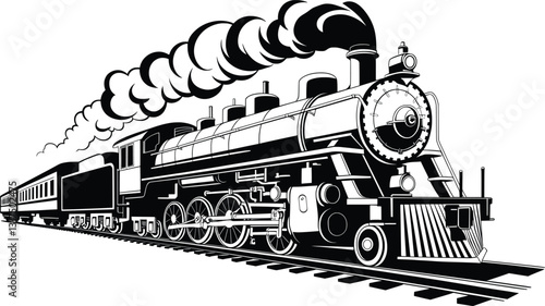 Vintage Steam Locomotive Black and White Train Illustration.