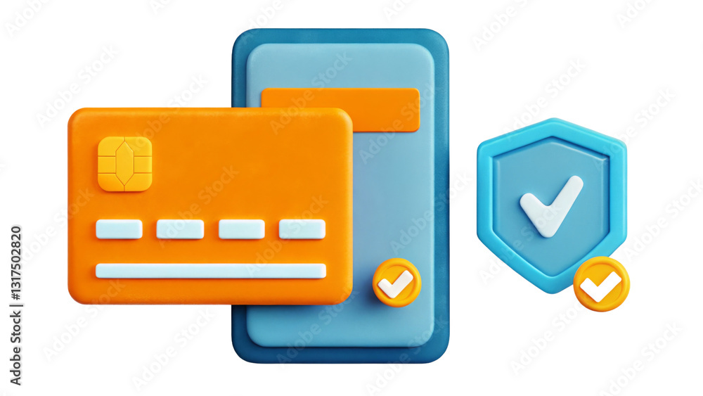 Digital payment icons 3D Illustration with a credit card and security shield. Digital payment icons 3D Illustration with a credit card and security shield.