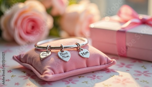 Bright and clear photo of charm bracelet with “Best Mom” charms on velvet cushion, pastel gift box in background, soft warm daylight, jewelry gift for Mother’s Day