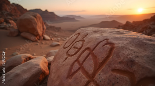 Ancient petroglyphs carved into a desert rock at sunset, surrounded by sand and rugged mountains. A historical and archaeological scene evoking mystery, heritage, and ancient civilizations.