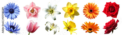 A diverse set of high-quality flower illustrations on a transparent background, featuring roses, tulips, lilies, daisies, and more in vibrant colors. Ideal for graphic design, banners, greeting cards