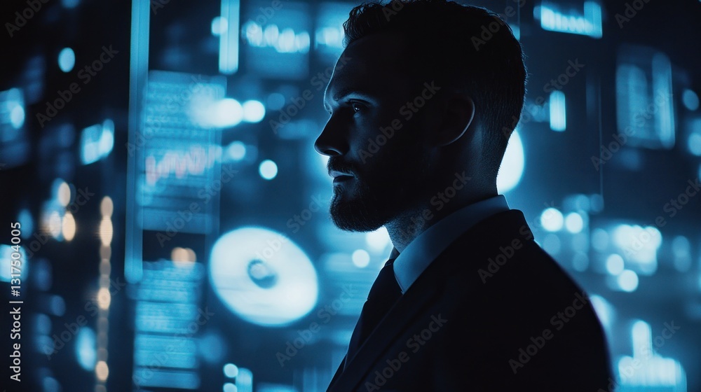 The Digital Strategist: A Silhouette of a Man Against a Futuristic Data Background The Digital Strategist: A Silhouette of a Man Against a Futuristic Data Background