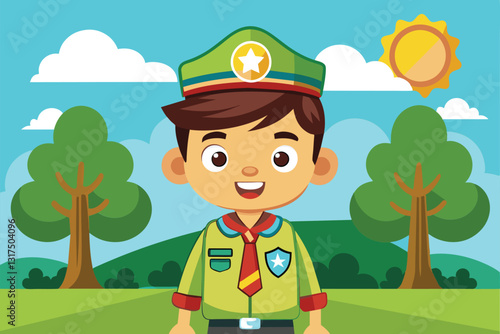 A customizable cartoon scout character stands happily outdoors in a bright, sunny environment, Scouts Customizable Cartoon Illustration