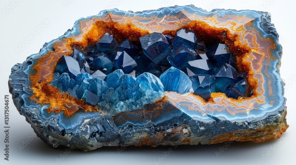 Obraz premium A Stunning Blue Geode with Vibrant Orange Crystals and Lush Green Accents