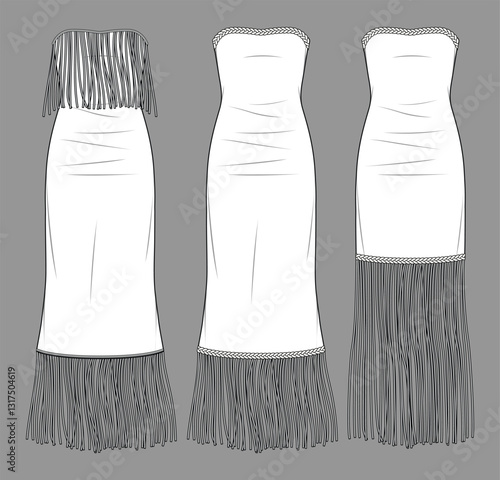 Vector woman strapless maxi dress fashion CAD, sleeveless mini dress with fringe technical drawing, template, flat, sketch.Jersey or crochet fabric slim fit dress set with front view, white color