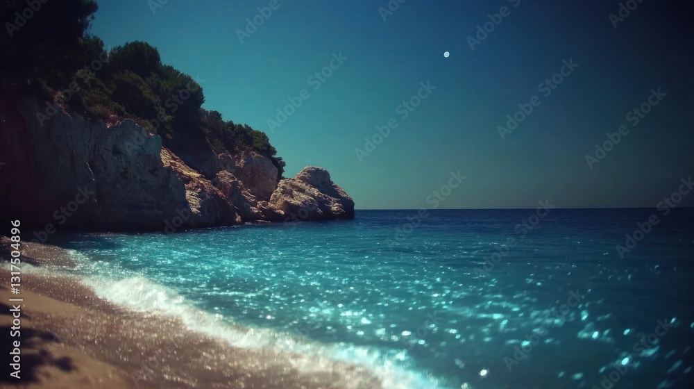 Fototapeta premium Serene Coastal Serenity: A Tranquil Beachscape Under a Moonlit Sky