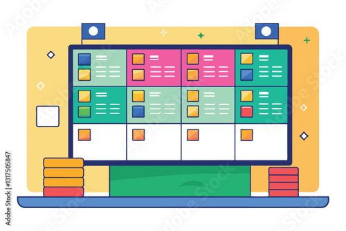 A vibrant scrum board showcases various tasks organized in distinct colors, enhancing project management, Scrum board Customizable Disproportionate Illustration