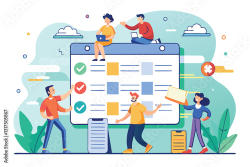 A colorful illustration shows people engaged in teamwork around a scrum board with various task lists, Scrum board Customizable Cartoon Illustration