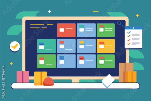 A scrum board displays colorful task cards, facilitating team collaboration and project organization, Scrum board Customizable Disproportionate Illustration