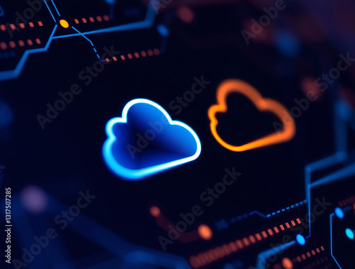 Digital clouds representing cloud migration with data points and network connections