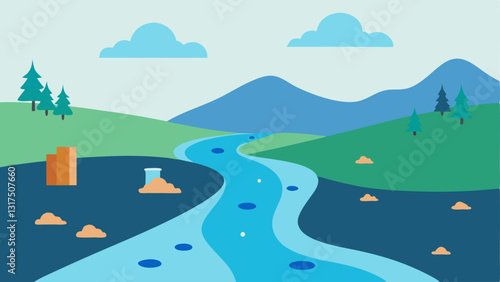 River Flow and Erosion A river flowing through a landscape with visual elements depicting microplastics being eroded from riverbanks emphasizing how microplastics enter natural