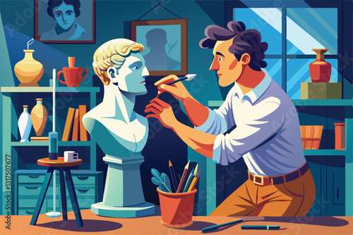 A sculptor carefully enhances a bust while surrounded by art materials and studio tools in daylight, Sculptor with bust at studio concept,