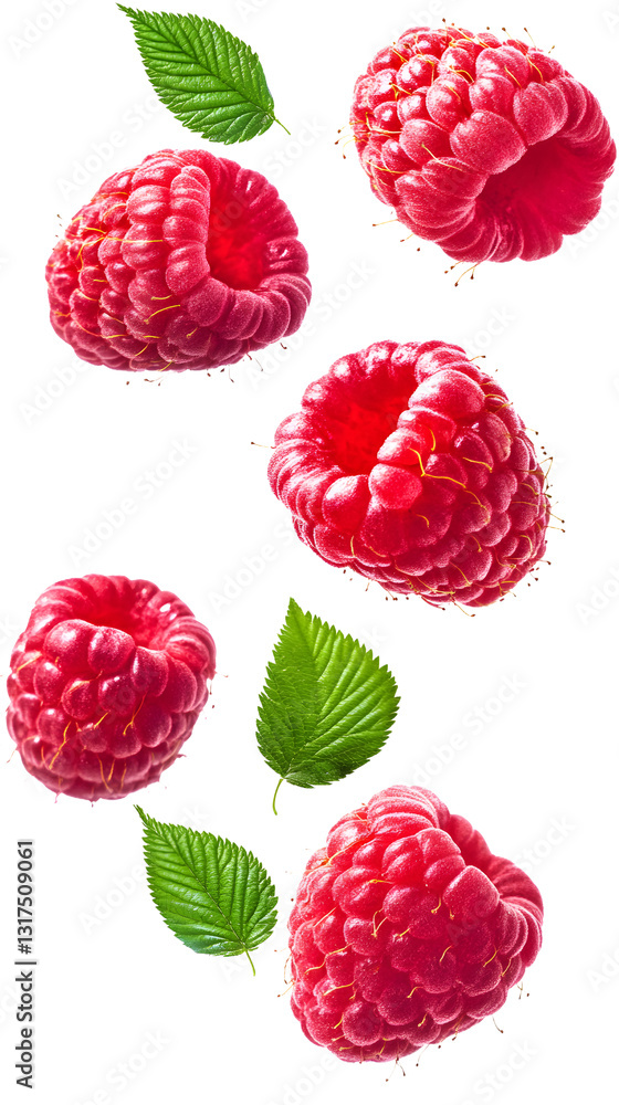 Fresh and vibrant raspberries with green leaves floating in a delightful arrangement on a transparent background Fresh and vibrant raspberries with green leaves floating in a delightful arrangement on a transparent background