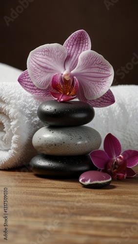 Balanced Beauty: Pink Orchids and Stacked Stones for Peaceful Spa