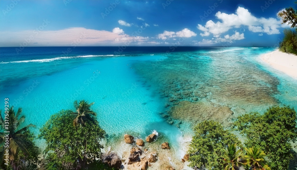 Obraz premium oculto en el corazón de una isla tropical, donde el verde follaje se entrelaza con las aguas cristalinas, creando una unión armoniosa entre la tierra y el mar, evocando una sensación de paraíso,