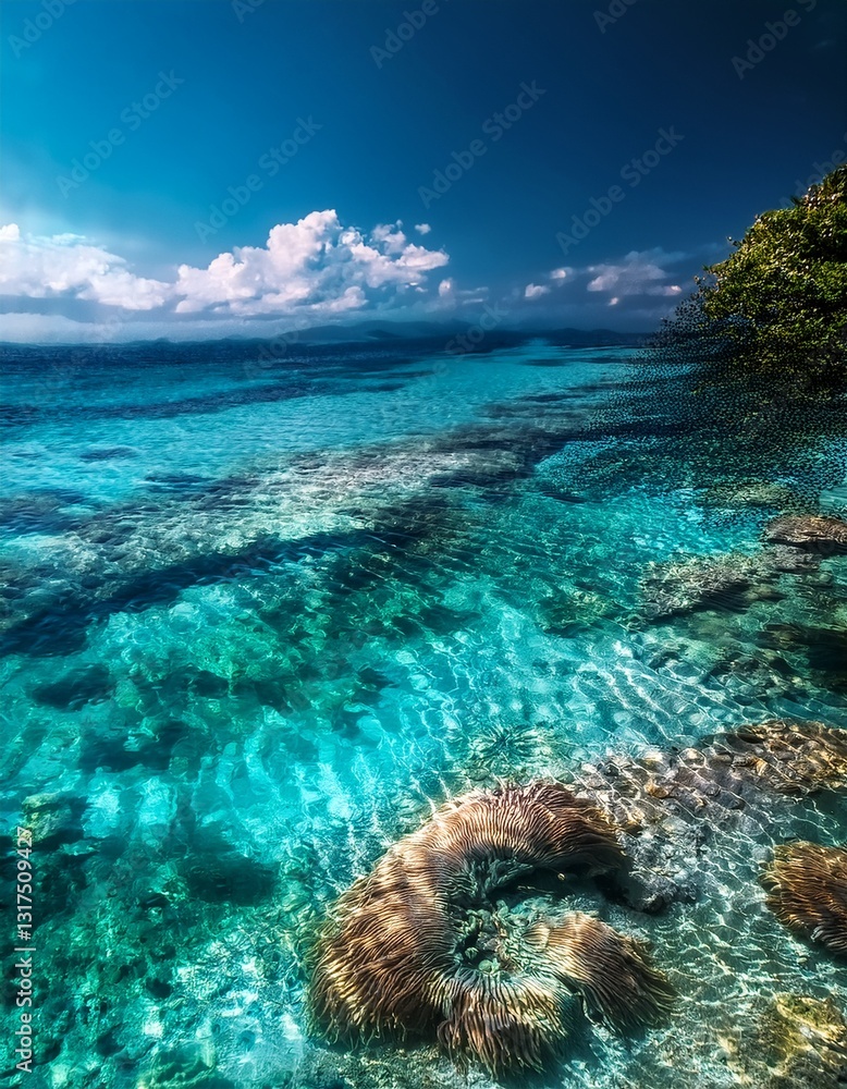 Fototapeta premium oculto en el corazón de una isla tropical, donde el verde follaje se entrelaza con las aguas cristalinas, creando una unión armoniosa entre la tierra y el mar, evocando una sensación de paraíso,