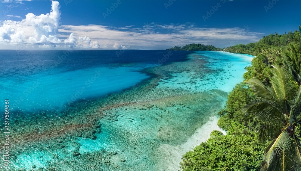 Obraz premium oculto en el corazón de una isla tropical, donde el verde follaje se entrelaza con las aguas cristalinas, creando una unión armoniosa entre la tierra y el mar, evocando una sensación de paraíso,