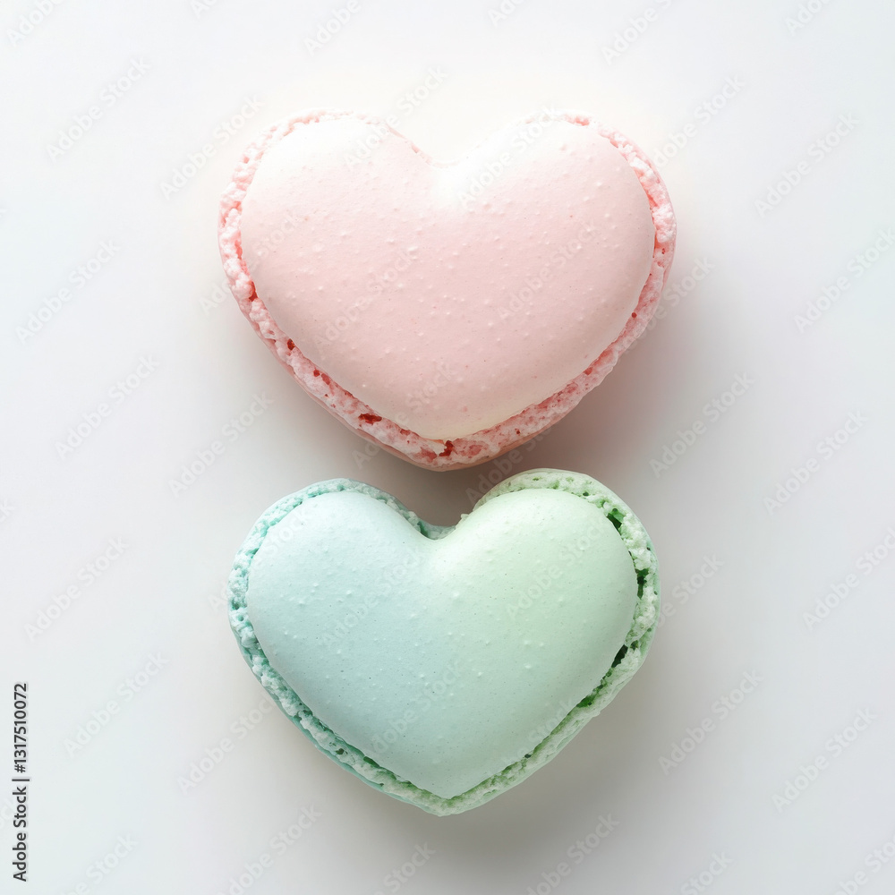 Heart-shaped macarons in pastel pink and green on a white background, symbolizing sweetness and love, perfect for romantic themes and special occasions. Heart-shaped macarons in pastel pink and green on a white background, symbolizing sweetness and love, perfect for romantic themes and special occasions.