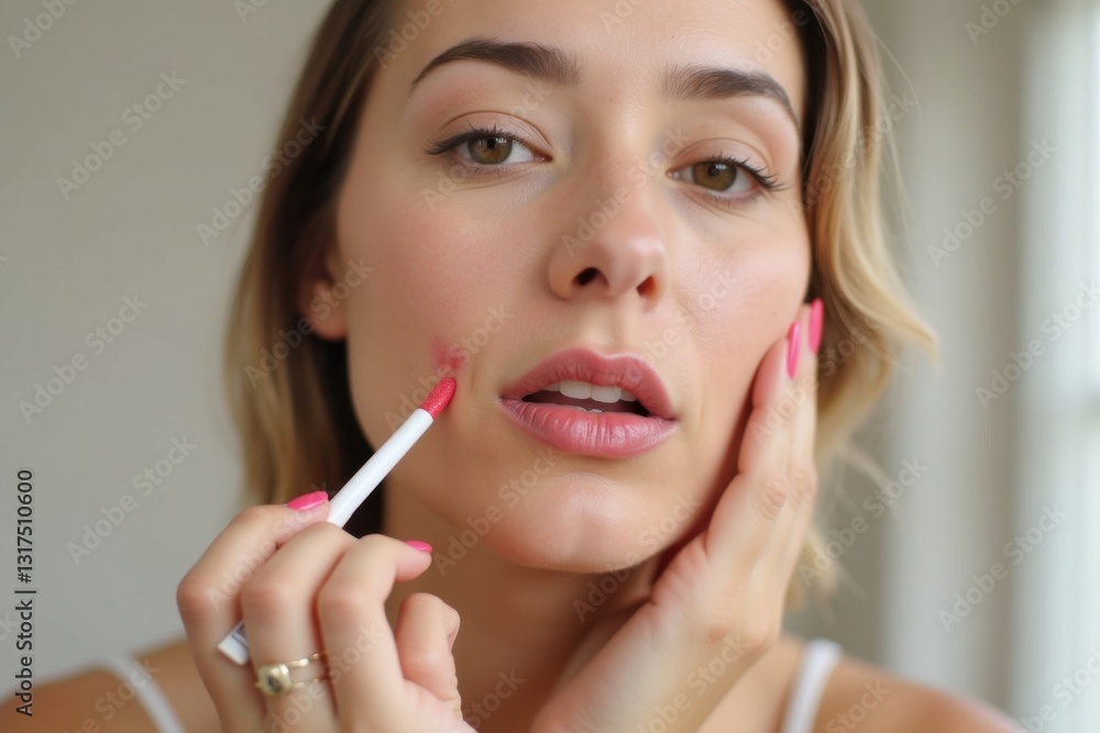 Woman enhancing her beauty with lip application Woman enhancing her beauty with lip application