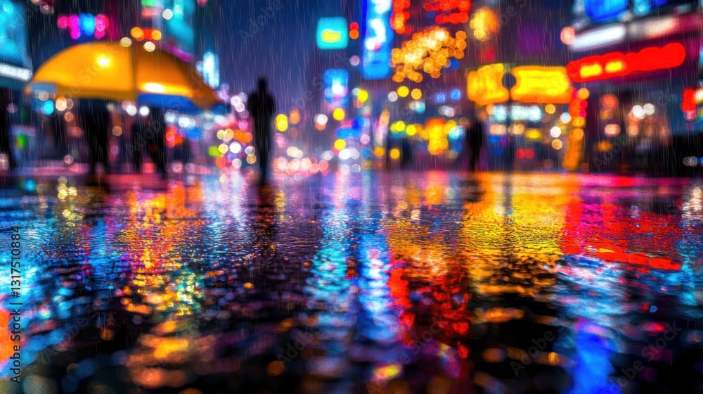 Naklejka premium Rainy Night Cityscape: Vibrant Reflections in the Urban Rain