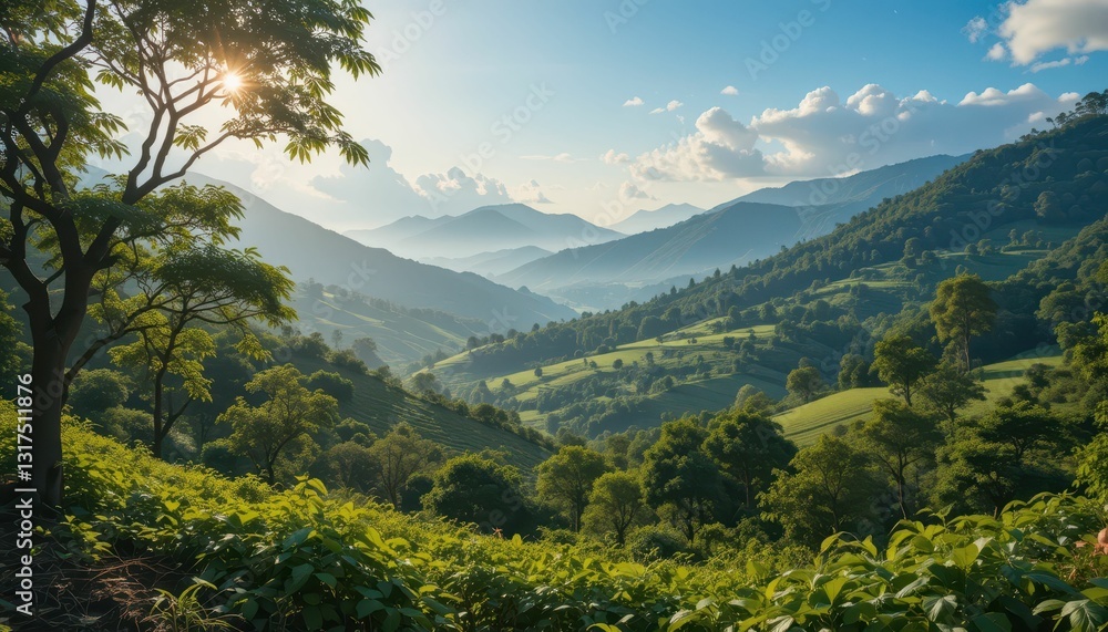 Obraz premium Majestic Sunrise Over Serene Mountain Landscape in Green Wilderness