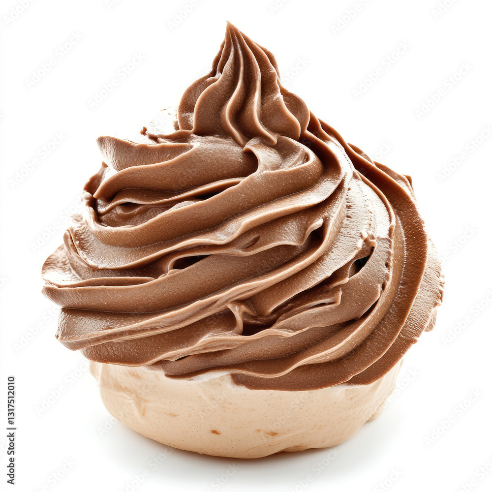 A close up view of a chocolate frosted cupcake on a white background in studio shot