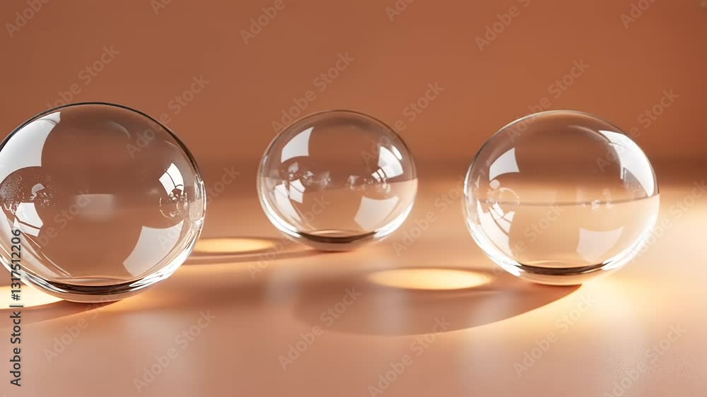 Three transparent spheres on a soft brown background, showcasing light reflections. Three transparent spheres on a soft brown background, showcasing light reflections.