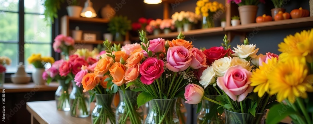 Colorful flowers in vases and bouquets arranged in a flower shop with shelves and counters, vintage, vibrant Colorful flowers in vases and bouquets arranged in a flower shop with shelves and counters, vintage, vibrant