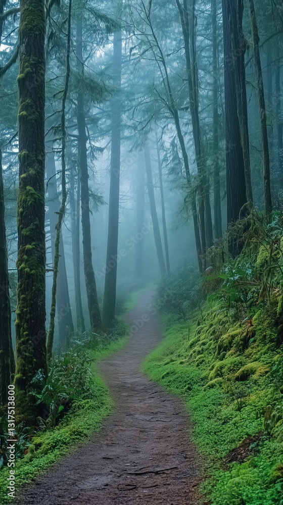 Obraz premium Misty forest path lined with moss-covered trees A serene and scenic view into the misty unknown beckoning exploration and adventure into the woods