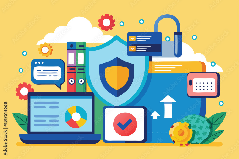A flat design showcases various tools for secure data management, including files, graphs, and security icons, Secure data Customizable Flat Illustration A flat design showcases various tools for secure data management, including files, graphs, and security icons, Secure data Customizable Flat Illustration