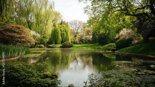 Tranquil Pond Surrounded by Lush Greenery in Peaceful Park Setting