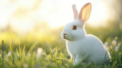 Bunny in meadow with detailed fur under pastel sky