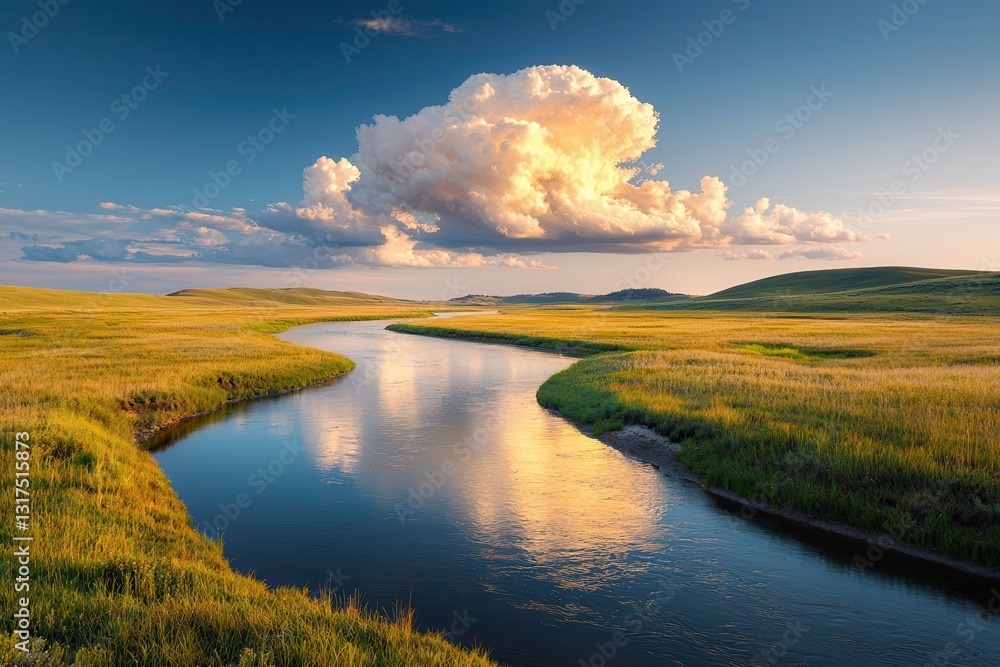 Fototapeta premium Golden clouds fluffy clouds reflections beauty. Serene landscape with a river reflecting clouds and vibrant fields.