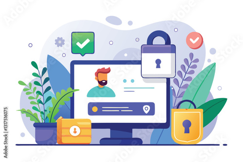 A modern secure login interface featuring a computer display, padlocks, and vibrant plants, Secure login Customizable Semi Flat Illustration