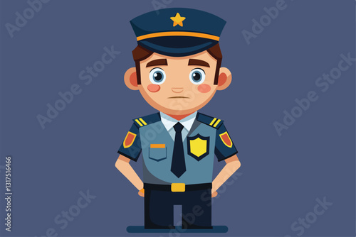 A cartoon-style security officer stands confidently, showcasing a blue uniform and a welcoming expression, Security Customizable Cartoon Illustration