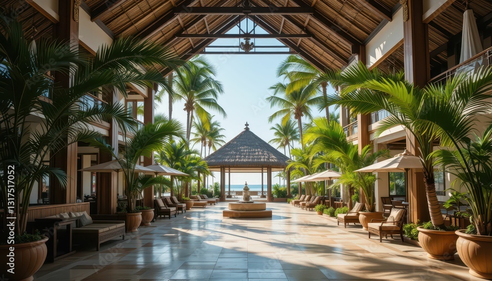 Fototapeta premium Serene Tropical Resort Lobby with Palms and Tranquil Ocean View