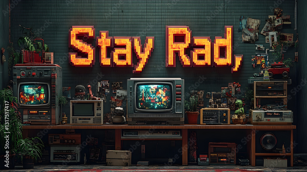 Fototapeta premium Vintage Tech Haven: Nostalgic scene with retro televisions displaying vibrant graphics, illuminated by a 