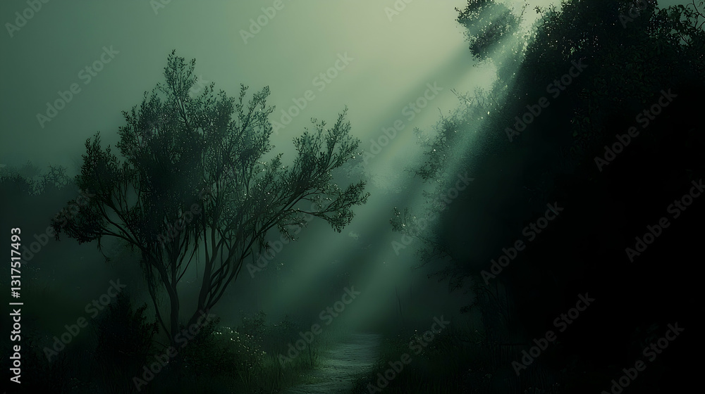 Fototapeta premium Sunbeams pierce misty forest path; tranquil nature scene, ideal for fantasy game backgrounds