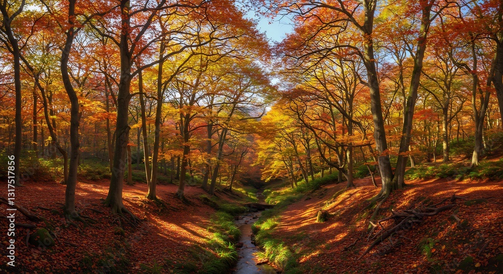 Fototapeta premium Golden autumn forest path sunlight streams. AI Generated