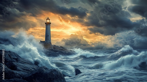 Lighthouse withstanding fierce storm waves during a dramatic sunset